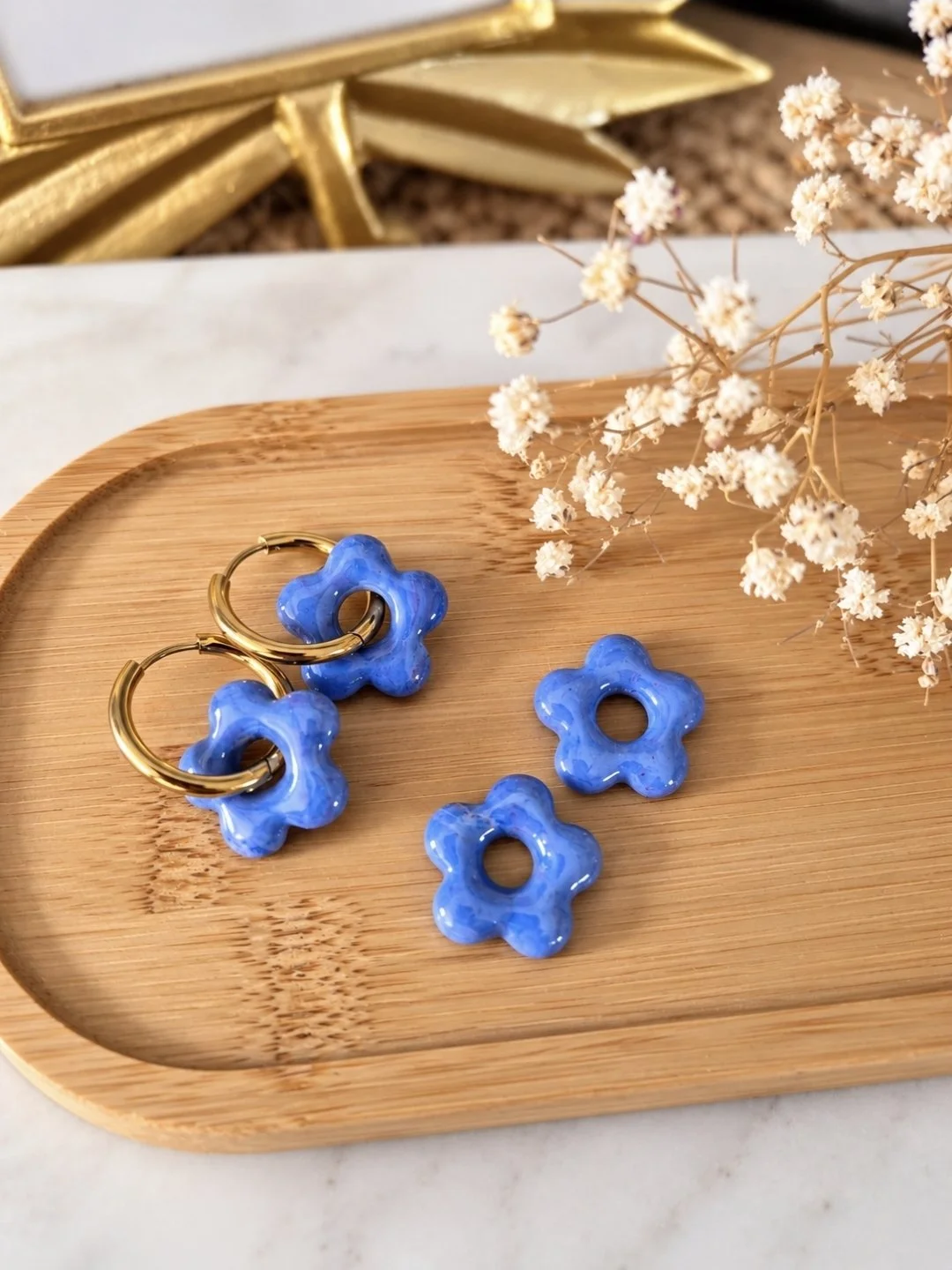 Pampille fleur bleu jean pour créoles | Bijou – Image 2